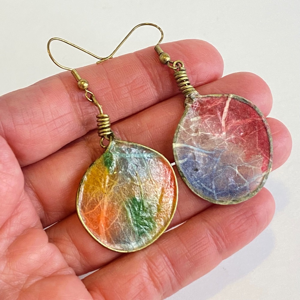 Handcrafted Rice Paper Art Brass Wire Wrap Mismatched Drop Earrings Colorful 2in